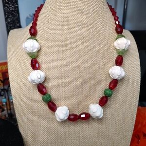 Ceramic And Glass Lucite Red White And Green Necklace